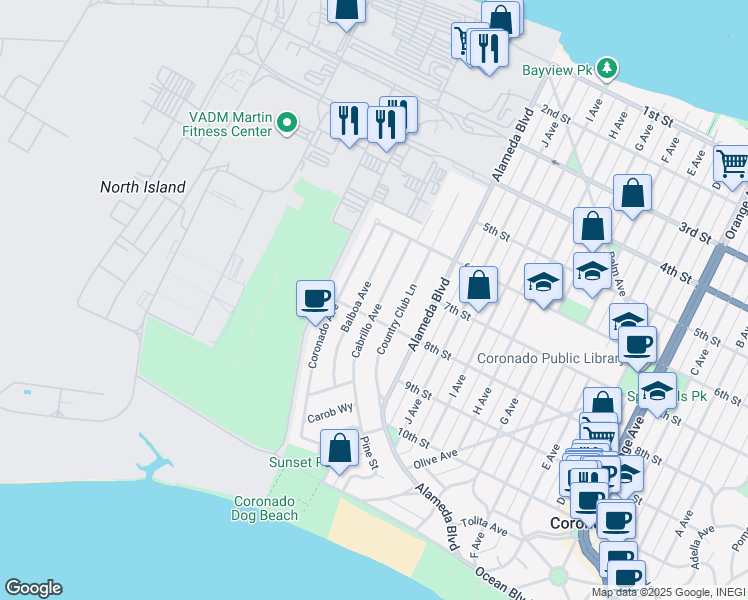 map of restaurants, bars, coffee shops, grocery stores, and more near 740 Cabrillo Avenue in Coronado