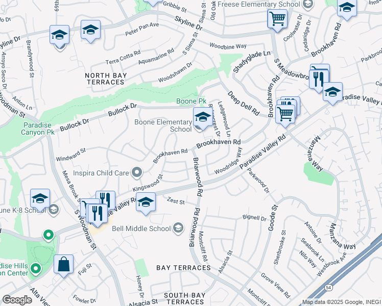 map of restaurants, bars, coffee shops, grocery stores, and more near 7295 Brookhaven Road in San Diego