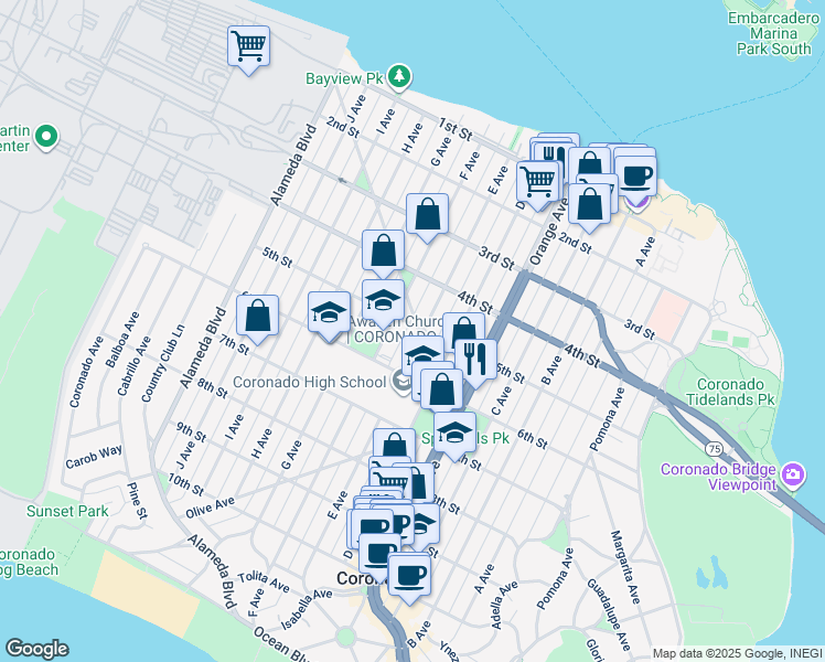 map of restaurants, bars, coffee shops, grocery stores, and more near 500 Palm Avenue in Coronado