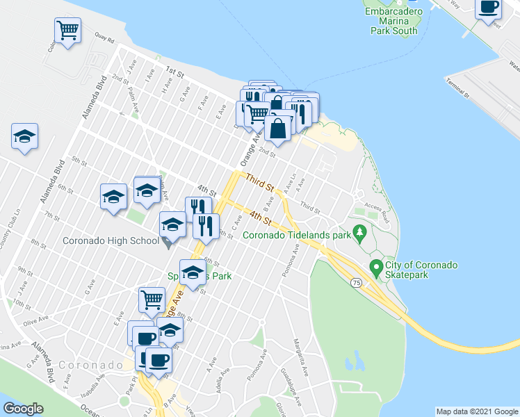 map of restaurants, bars, coffee shops, grocery stores, and more near 360 B Avenue in Coronado