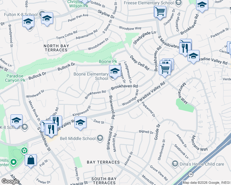 map of restaurants, bars, coffee shops, grocery stores, and more near 7338 Hightree Lane in San Diego