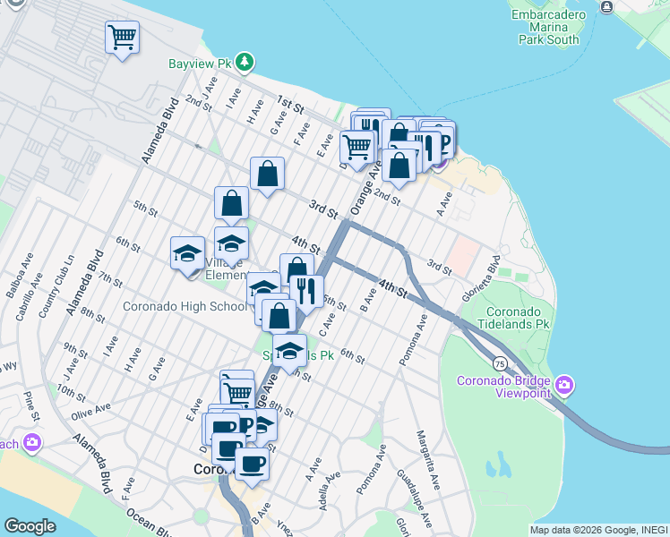 map of restaurants, bars, coffee shops, grocery stores, and more near 400 C Avenue in Coronado