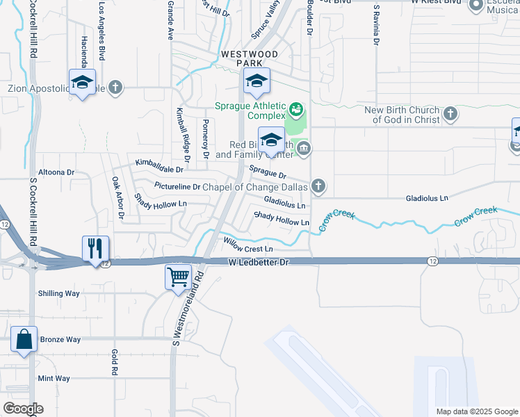 map of restaurants, bars, coffee shops, grocery stores, and more near 3421 Shady Hollow Lane in Dallas