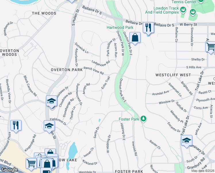 map of restaurants, bars, coffee shops, grocery stores, and more near 3716 Overton Park Drive West in Fort Worth