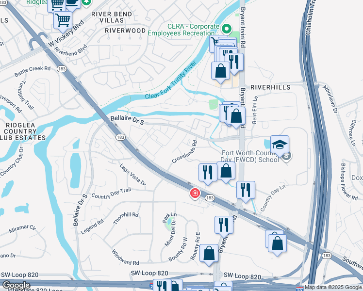 map of restaurants, bars, coffee shops, grocery stores, and more near 5608 Royal Lane in Benbrook