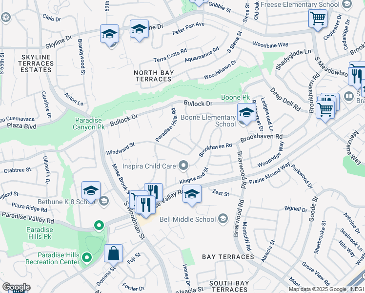 map of restaurants, bars, coffee shops, grocery stores, and more near 7053 Silverwood Street in San Diego