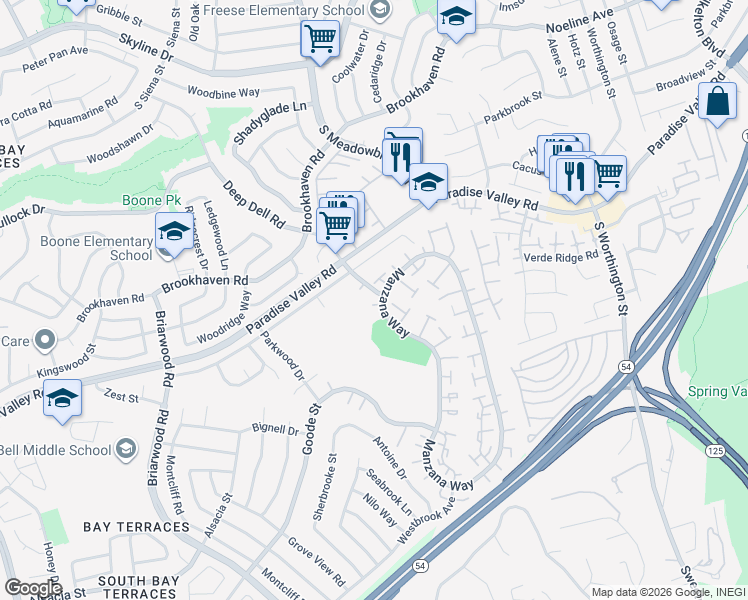 map of restaurants, bars, coffee shops, grocery stores, and more near 1130 Manzana Way in San Diego