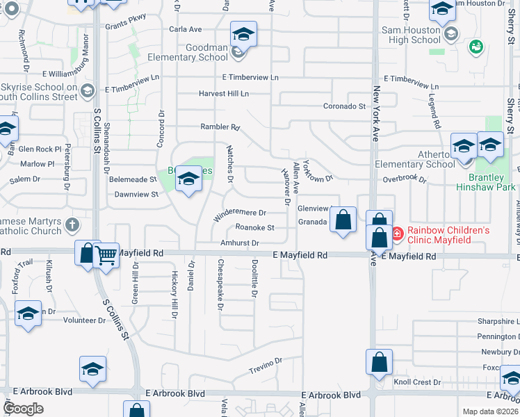 map of restaurants, bars, coffee shops, grocery stores, and more near 1509 Winderemere Drive in Arlington