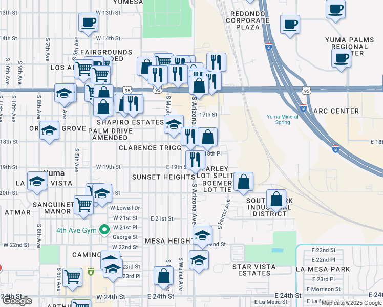 map of restaurants, bars, coffee shops, grocery stores, and more near 1840 South Arizona Avenue in Yuma