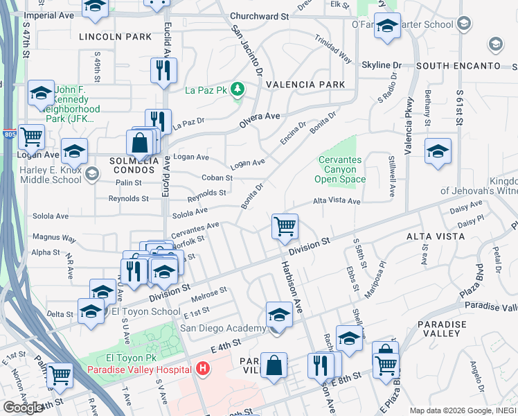 map of restaurants, bars, coffee shops, grocery stores, and more near 5333 Solola Avenue in San Diego