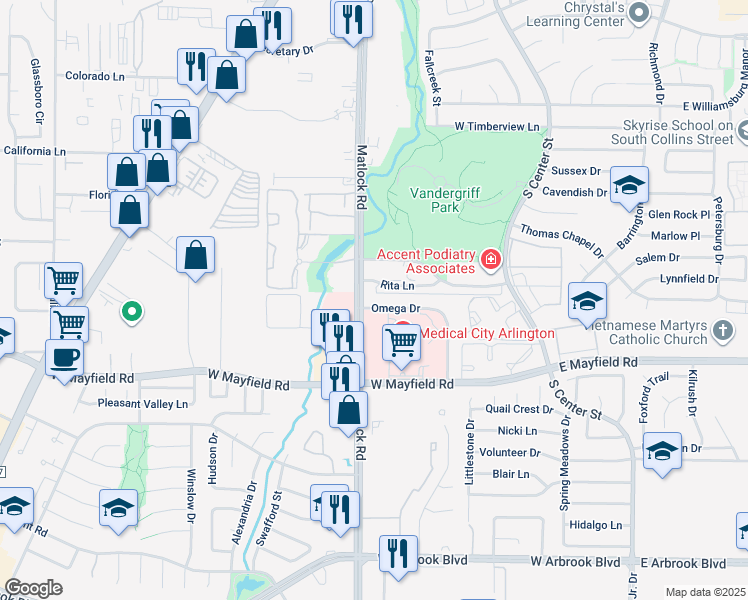 map of restaurants, bars, coffee shops, grocery stores, and more near 3125 Matlock Road in Arlington