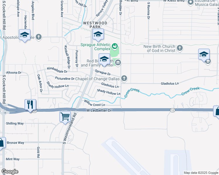 map of restaurants, bars, coffee shops, grocery stores, and more near 3336 Gladiolus Lane in Dallas