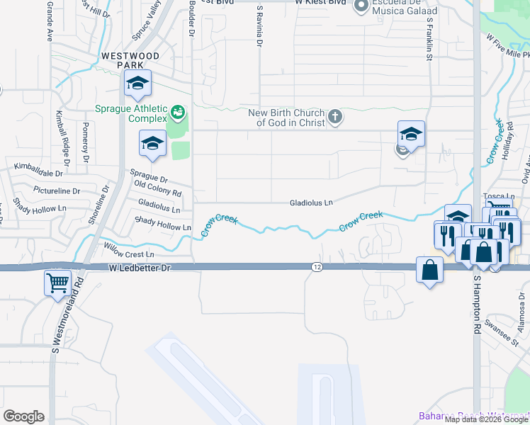 map of restaurants, bars, coffee shops, grocery stores, and more near 3014 Gladiolus Lane in Dallas