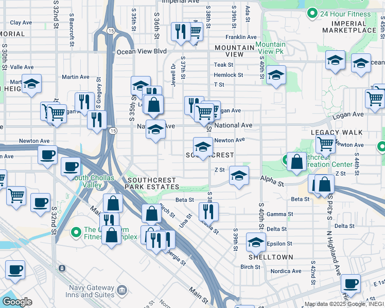 map of restaurants, bars, coffee shops, grocery stores, and more near 3732 Boston Avenue in San Diego