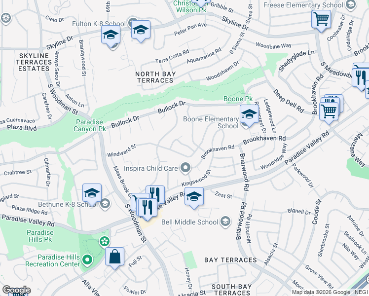 map of restaurants, bars, coffee shops, grocery stores, and more near 7053 Silverwood Street in San Diego