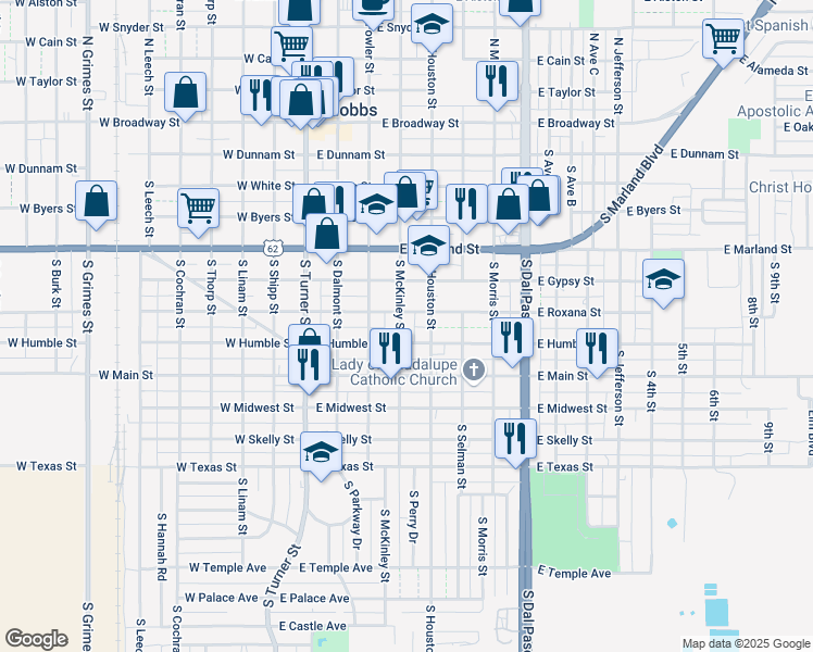 map of restaurants, bars, coffee shops, grocery stores, and more near 708 South McKinley Street in Hobbs