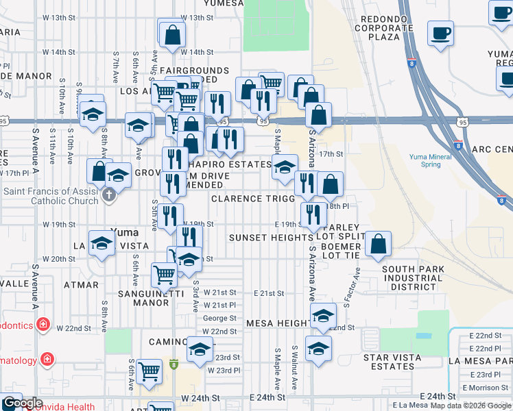 map of restaurants, bars, coffee shops, grocery stores, and more near 1842 South Madison Avenue in Yuma