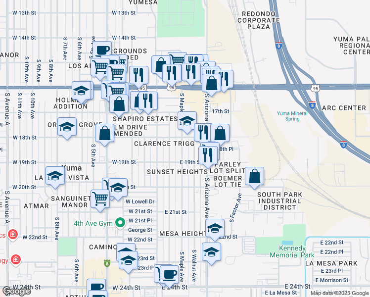 map of restaurants, bars, coffee shops, grocery stores, and more near 1843 South Maple Avenue in Yuma