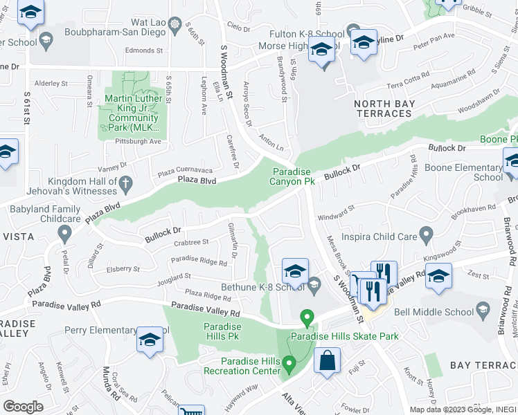 map of restaurants, bars, coffee shops, grocery stores, and more near 6778 Bullock Drive in San Diego
