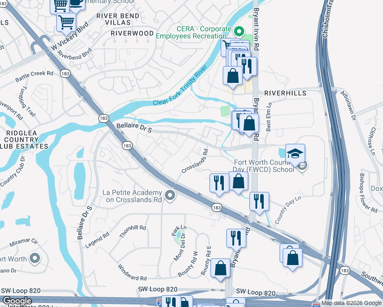 map of restaurants, bars, coffee shops, grocery stores, and more near 5608 Royal Lane in Benbrook