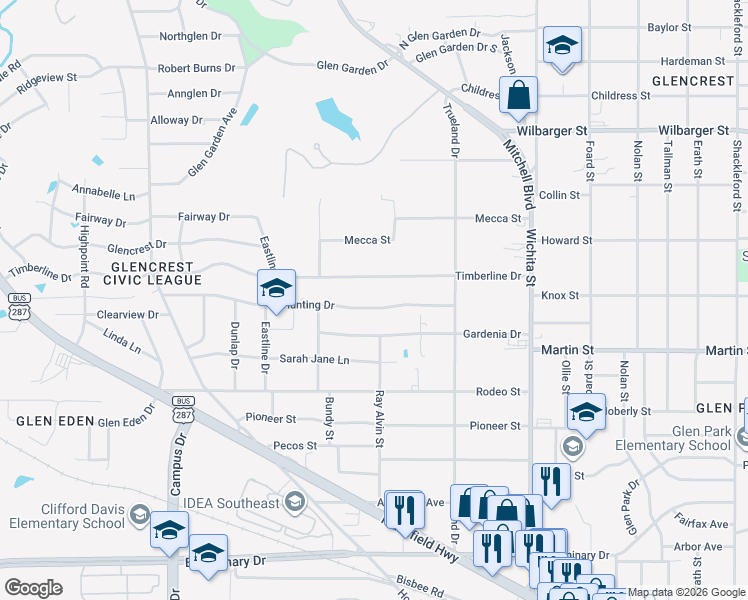 map of restaurants, bars, coffee shops, grocery stores, and more near 2933 Hunting Drive in Fort Worth