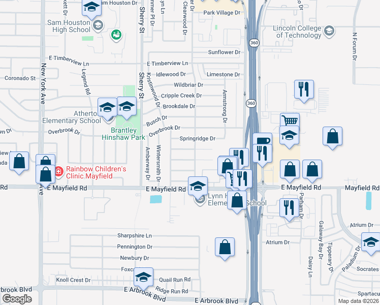 map of restaurants, bars, coffee shops, grocery stores, and more near 2316 Redbrook Drive in Arlington