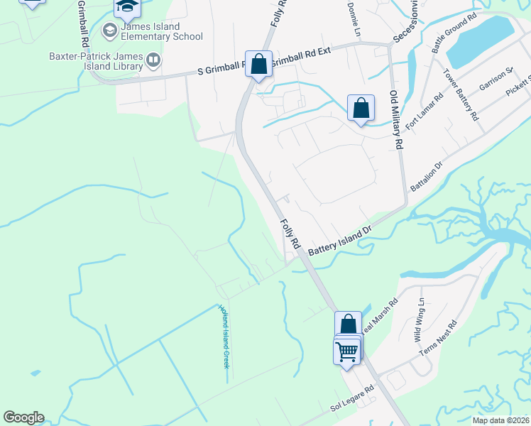map of restaurants, bars, coffee shops, grocery stores, and more near 1821 Folly Road in Charleston