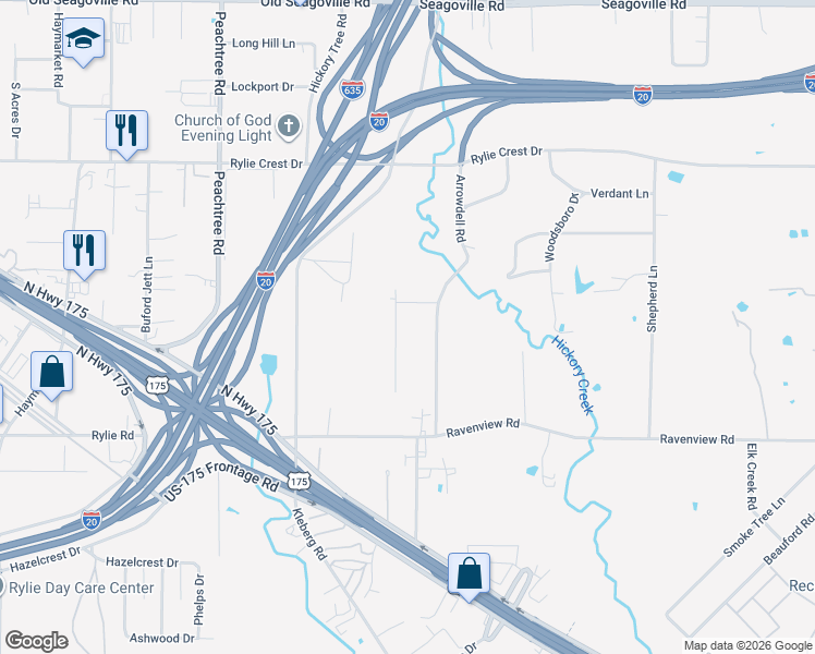 map of restaurants, bars, coffee shops, grocery stores, and more near 5320 Wild Oak Road in Balch Springs