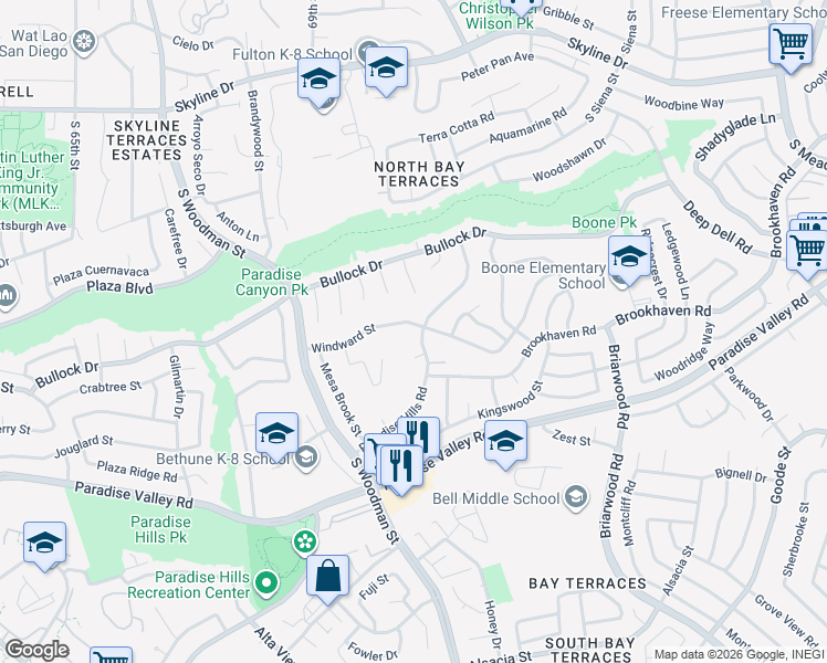 map of restaurants, bars, coffee shops, grocery stores, and more near 6965 Windward Street in San Diego