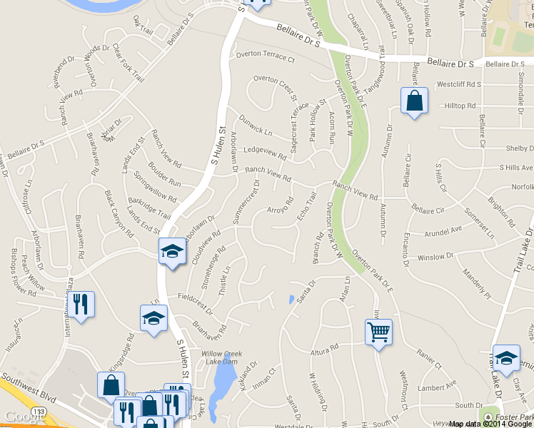 map of restaurants, bars, coffee shops, grocery stores, and more near 3757 Arroyo Road in Fort Worth