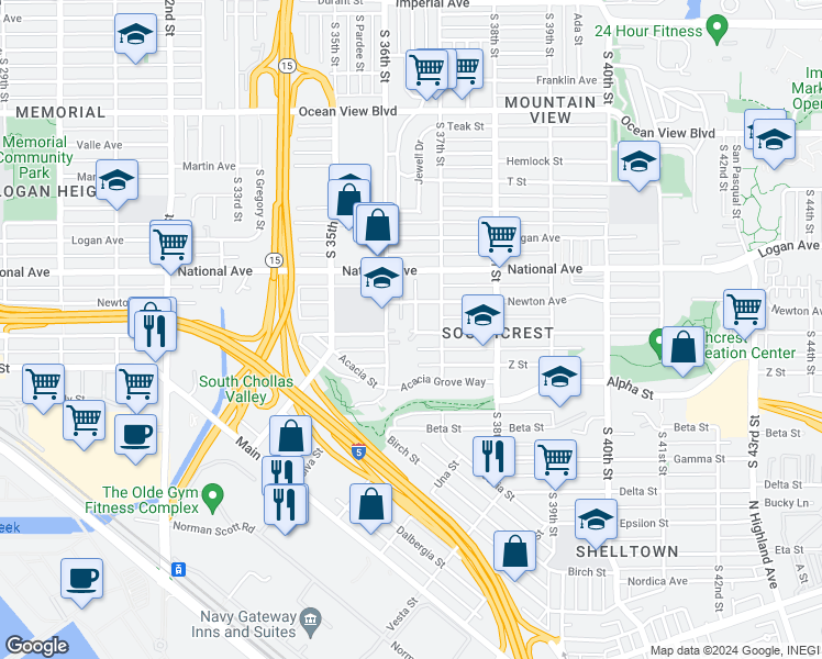 map of restaurants, bars, coffee shops, grocery stores, and more near 1186 Goodyear Street in San Diego