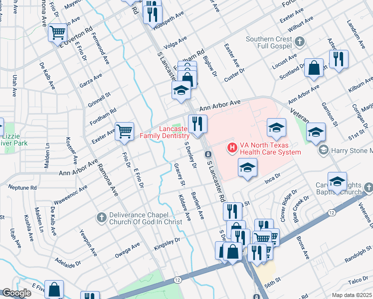 map of restaurants, bars, coffee shops, grocery stores, and more near 4419 South Denley Drive in Dallas