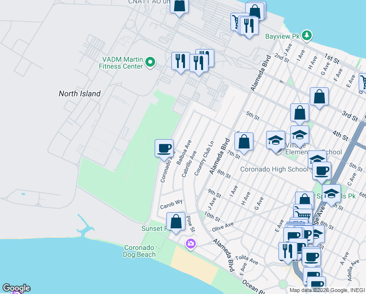 map of restaurants, bars, coffee shops, grocery stores, and more near 770 Coronado Avenue in Coronado