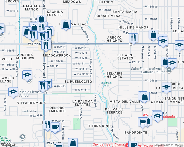 map of restaurants, bars, coffee shops, grocery stores, and more near 1829 South Magnolia Avenue in Yuma