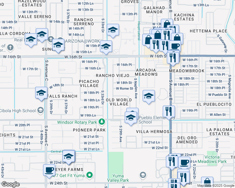 map of restaurants, bars, coffee shops, grocery stores, and more near 3148 London Drive in Yuma