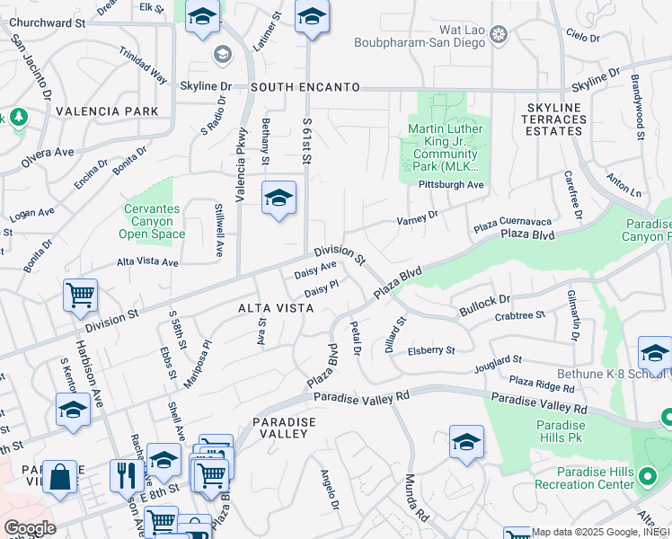 map of restaurants, bars, coffee shops, grocery stores, and more near 6145 Daisy Avenue in San Diego