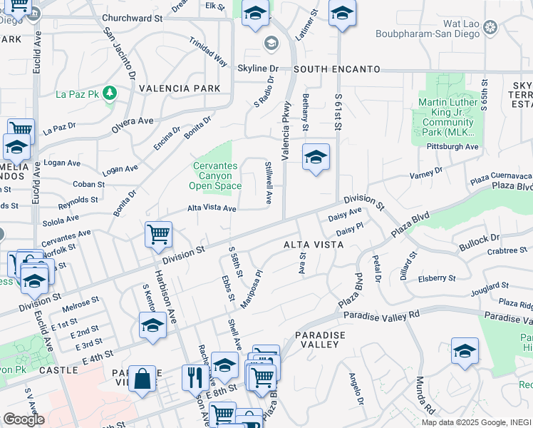 map of restaurants, bars, coffee shops, grocery stores, and more near 5868 Division Street in San Diego