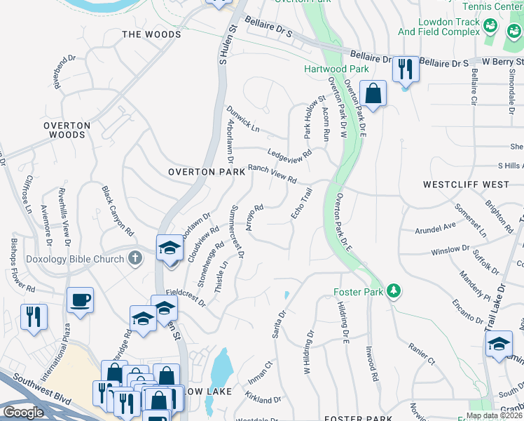 map of restaurants, bars, coffee shops, grocery stores, and more near 3757 Arroyo Road in Fort Worth