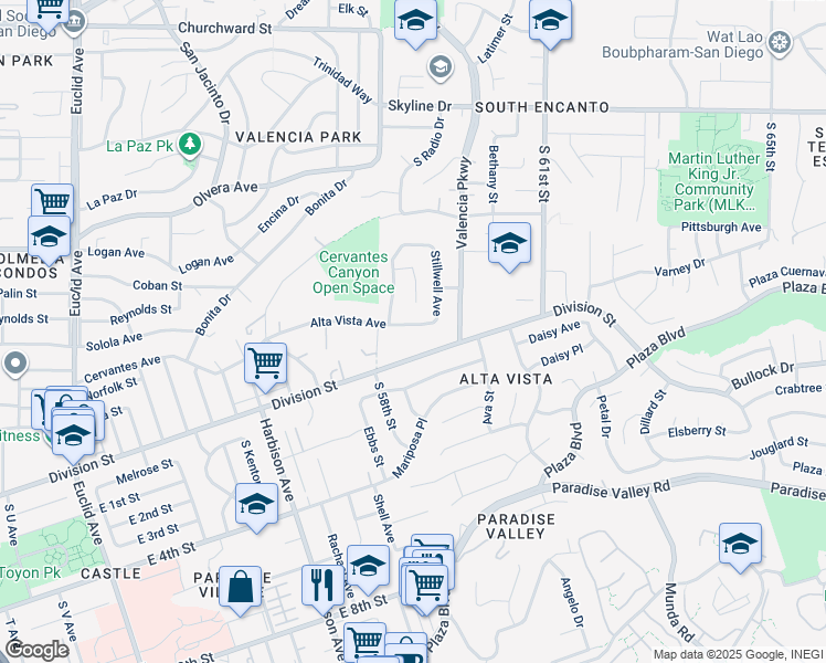 map of restaurants, bars, coffee shops, grocery stores, and more near 5855 Alta Vista Avenue in San Diego