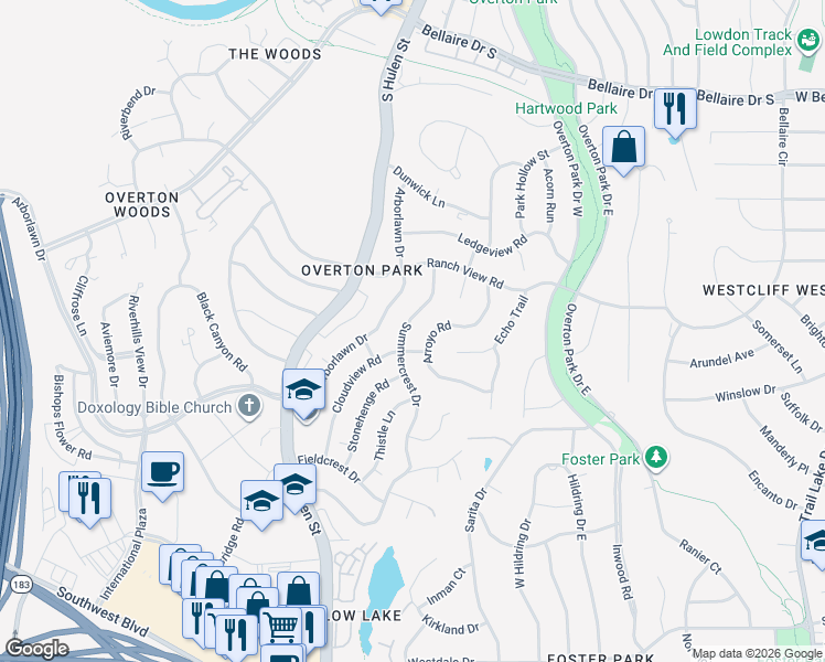 map of restaurants, bars, coffee shops, grocery stores, and more near 3733 Summercrest Drive in Fort Worth