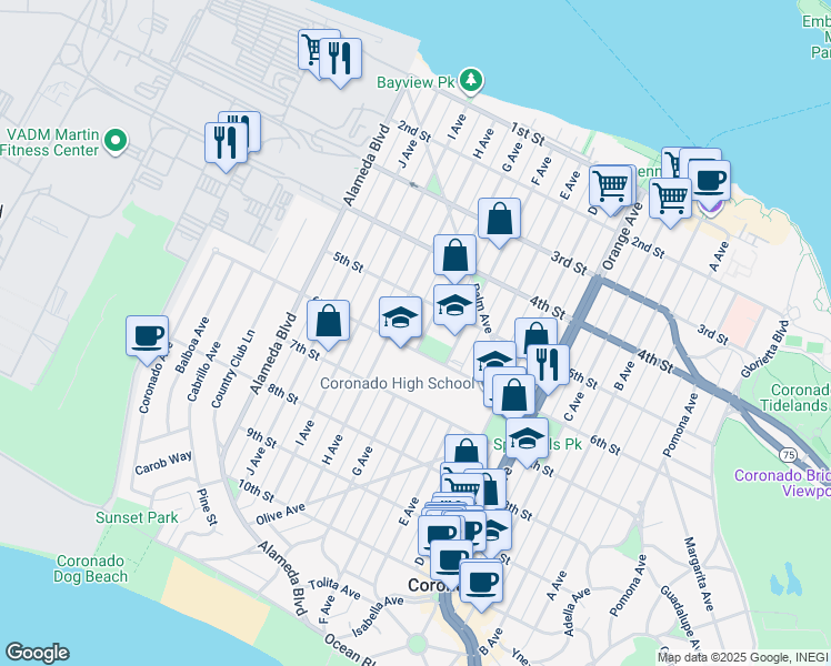 map of restaurants, bars, coffee shops, grocery stores, and more near 552 G Avenue in Coronado