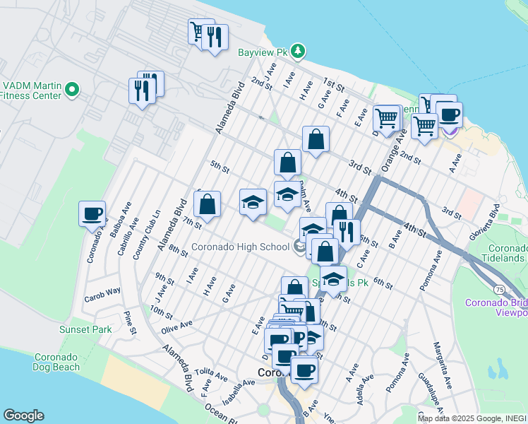 map of restaurants, bars, coffee shops, grocery stores, and more near 552 G Avenue in Coronado