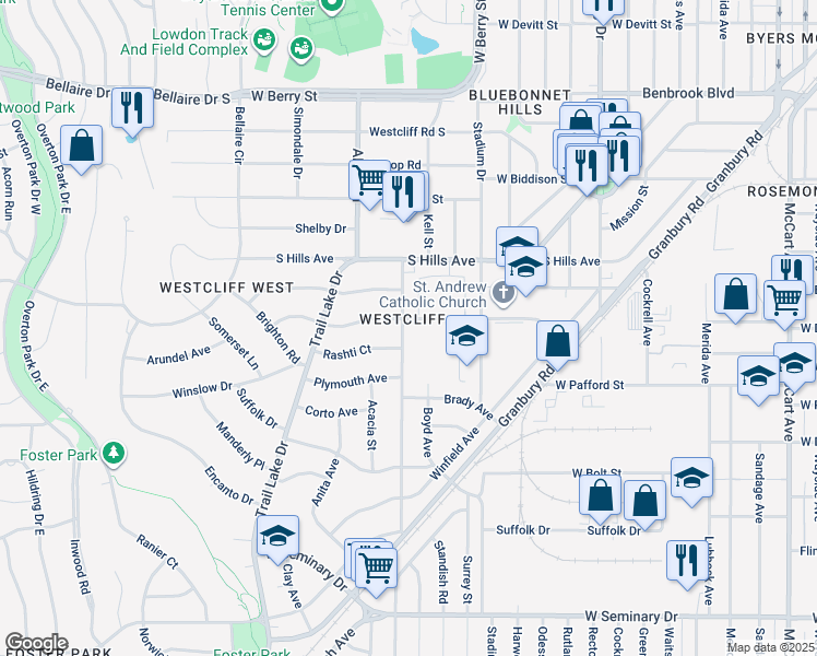 map of restaurants, bars, coffee shops, grocery stores, and more near 3805 Carolyn Road in Fort Worth
