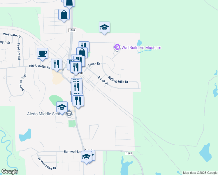 map of restaurants, bars, coffee shops, grocery stores, and more near 500 Hilldale Road in Aledo