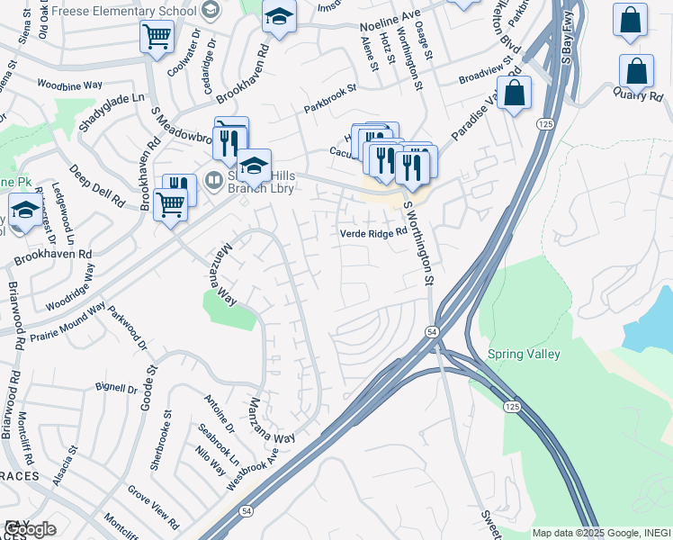 map of restaurants, bars, coffee shops, grocery stores, and more near 604 Bluffview Road in Spring Valley