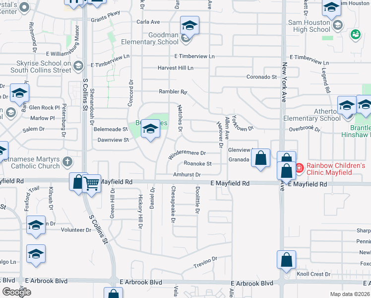 map of restaurants, bars, coffee shops, grocery stores, and more near 1407 Winderemere Drive in Arlington