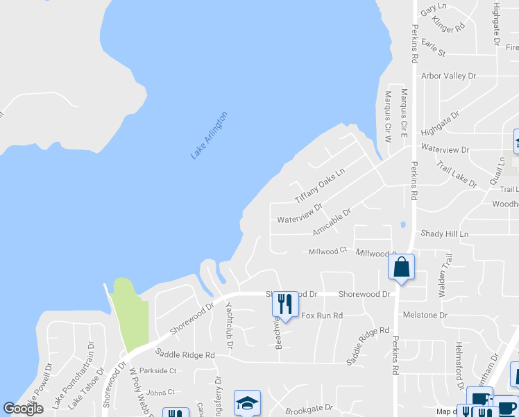 map of restaurants, bars, coffee shops, grocery stores, and more near 3302 Edgewater Court in Arlington