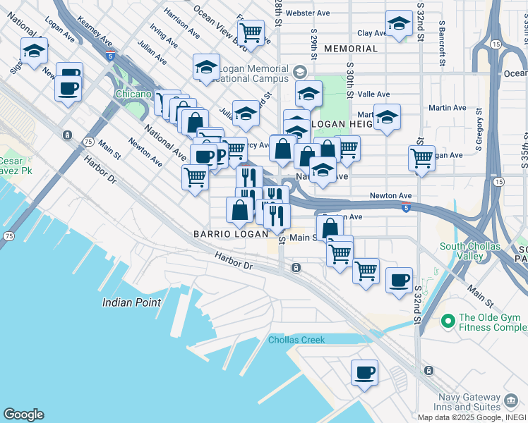 map of restaurants, bars, coffee shops, grocery stores, and more near 2740 Boston Avenue in San Diego