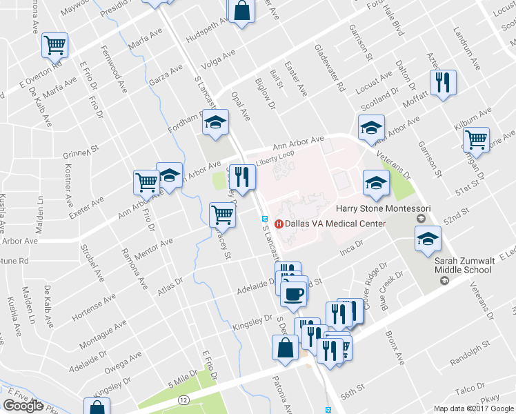 map of restaurants, bars, coffee shops, grocery stores, and more near S Lancaster Rd & Mentor Ave in Dallas