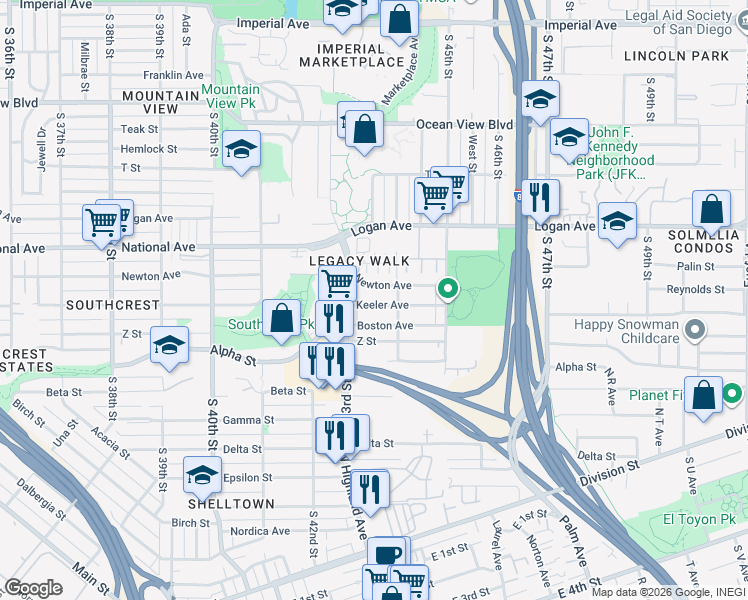 map of restaurants, bars, coffee shops, grocery stores, and more near 4382 Keeler Avenue in San Diego